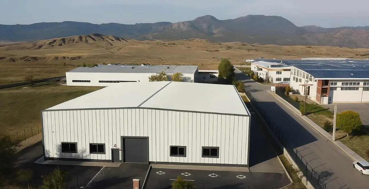Drone view of the finished steel-clad second Darsateks factory in Erbaa, with hills behind