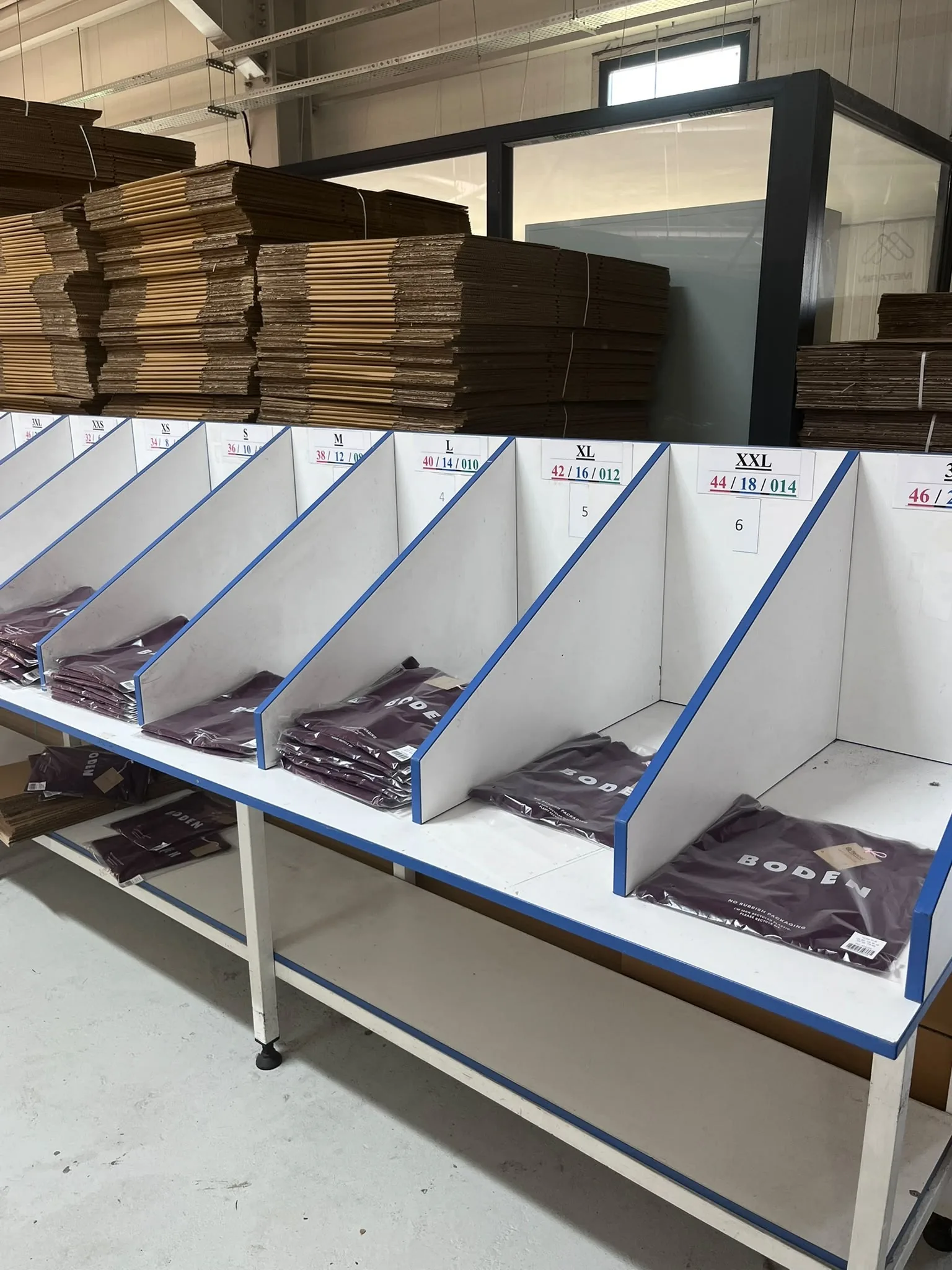 Folded garments in rows of packing compartments, with stacked cartons behind