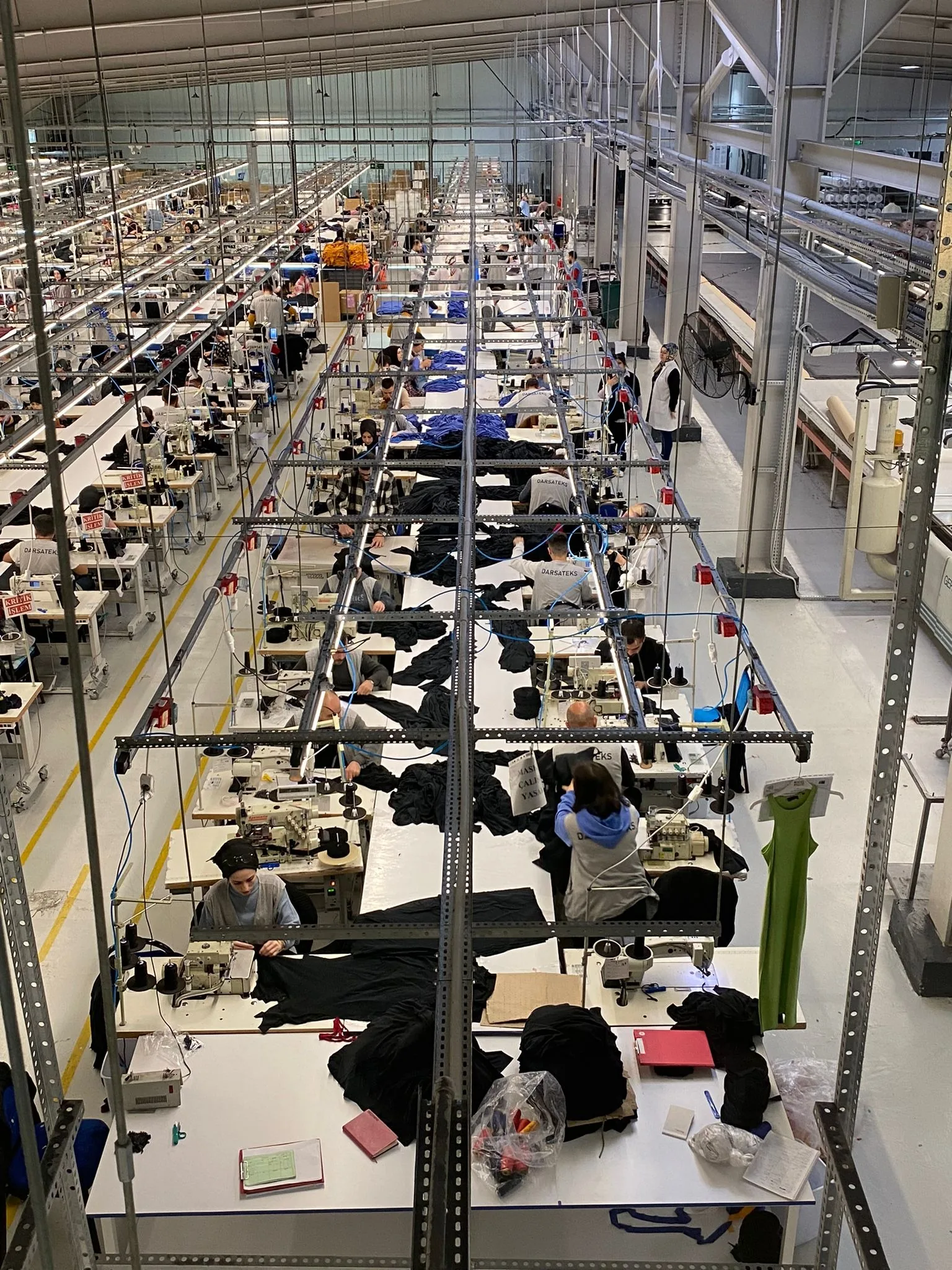 Long rows of sewing machines and machinists seen from above in the Erbaa hall