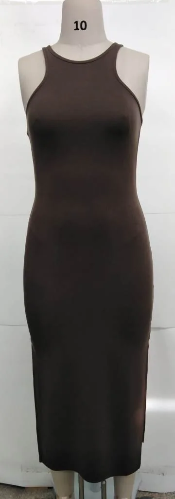 Sample of a brown sleeveless rib dress on a fitting mannequin